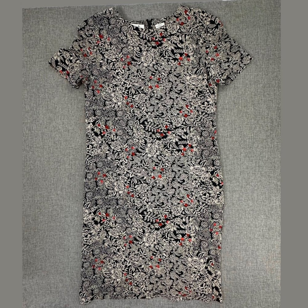 Vintage Liz Claiborne Shift Dress Floral Black Tan Red Short Sleeve Round Neck